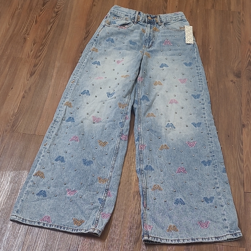 BDG‎ Light Wash Wide-Leg Jeans with Multicolor Butterfly Embroidery